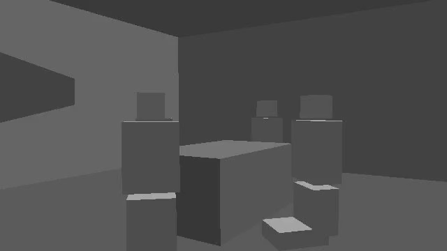 A plain grey three-dimensional layout of a room: block walls, a table, and simple block figures seated around it