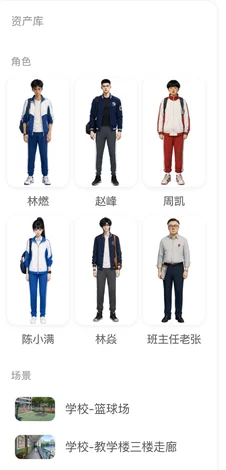 本集资产库,显示已生成的角色设定图、场景图与物品图