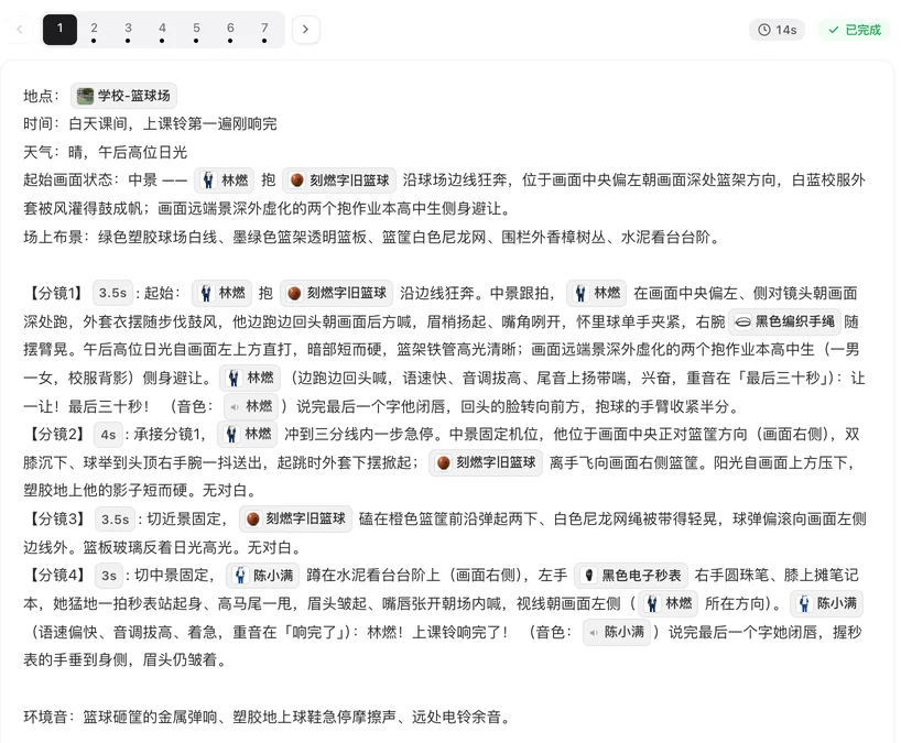 一段分镜：地点 / 时间 / 天气字段，然后是带秒数、资产药丸和台词的逐镜正文