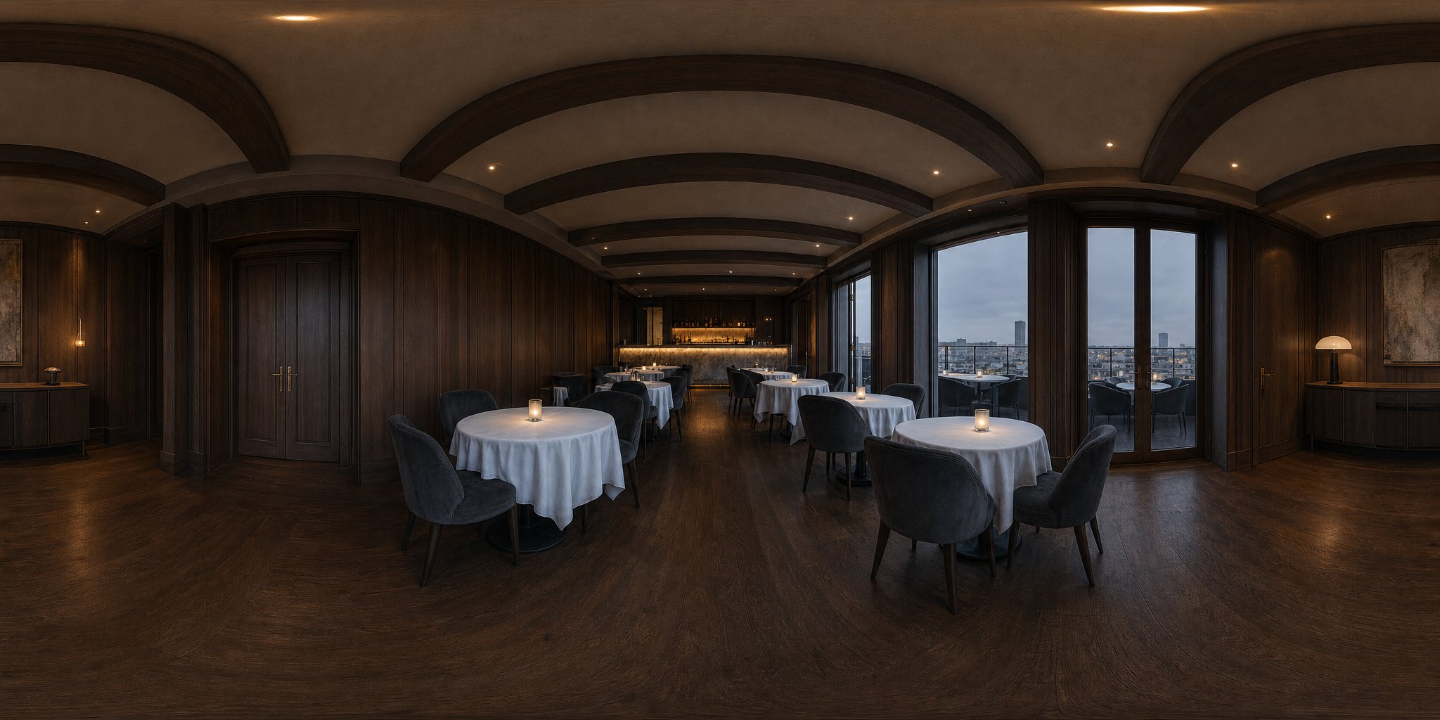 整个演示片场的 360° 全景:吧台、点着蜡烛的圆桌、落地窗和双开门都在一张图里