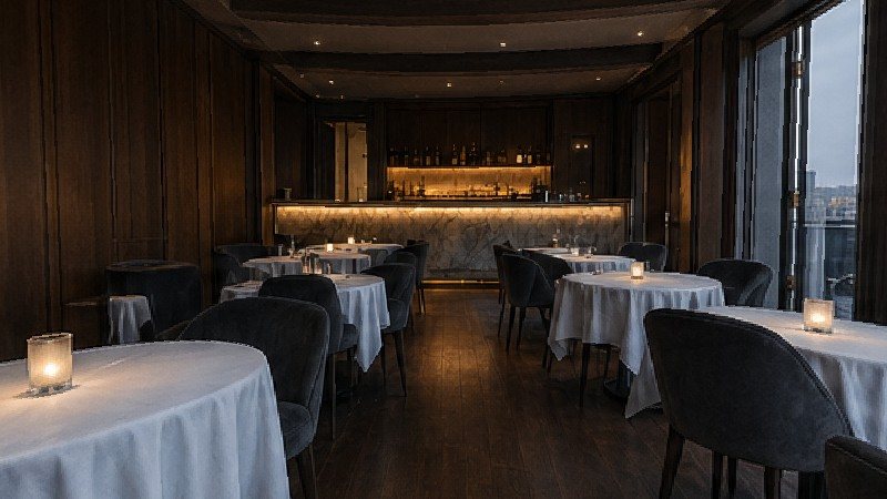 演示片场:木饰面餐厅,吧台和城市夜景落地窗,1 号机看到的画面